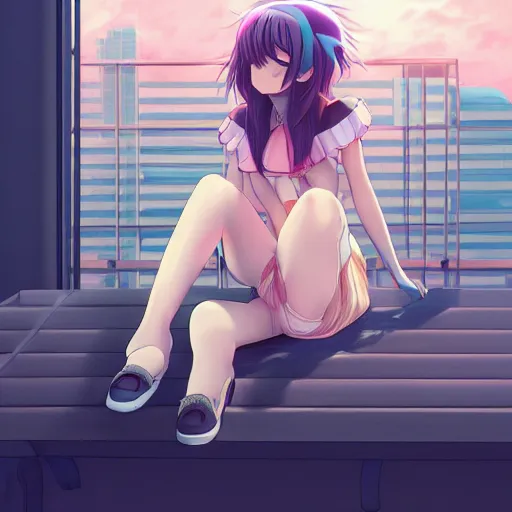 Prompt: anime girl sitting on a balcony while listening to music, anime key visual, aesthetic, trending on artstation, deviantart, artgem, perfect composition, ross draws, wlop, 8 k