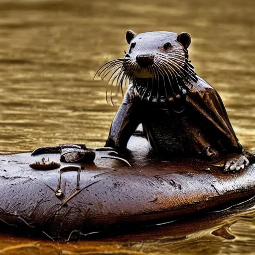 Image similar to steampunk mechanical otter in a river, sci - fi, wildlife photograph, national geographic, award - winning