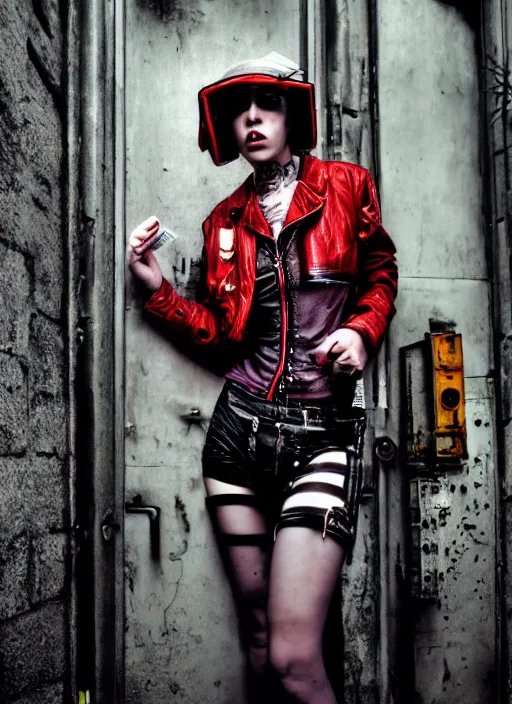 Prompt: portrait photo, 3 5 mm lomography, female doorwoman, gang clothing fashion, id magazine, by david bailey, hyperrealism, detailed textures, photorealistic, cyberpunk apocalyptic city, ultra realistic, cinematic, intricate, cinematic light, 8 k, david la chapelle, david kostic, artgerm