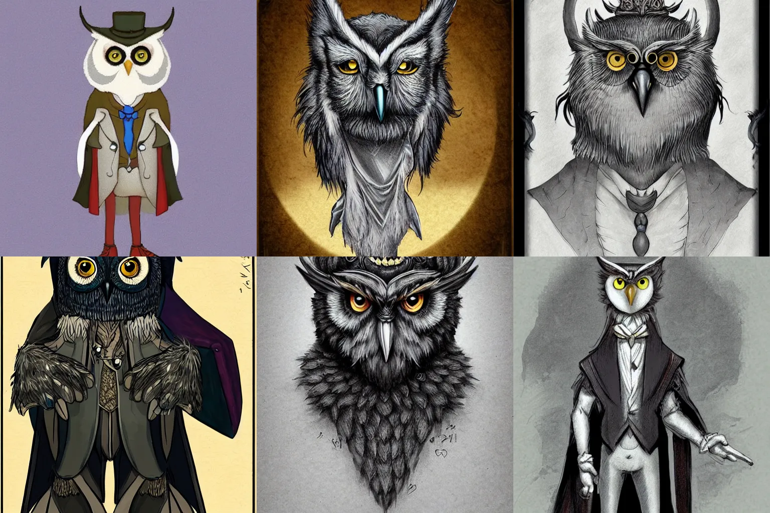Prompt: A stoic owlman with a missing eye who is headmaster of a magic school, elegant, stylish, intricate, D&D character concept art.