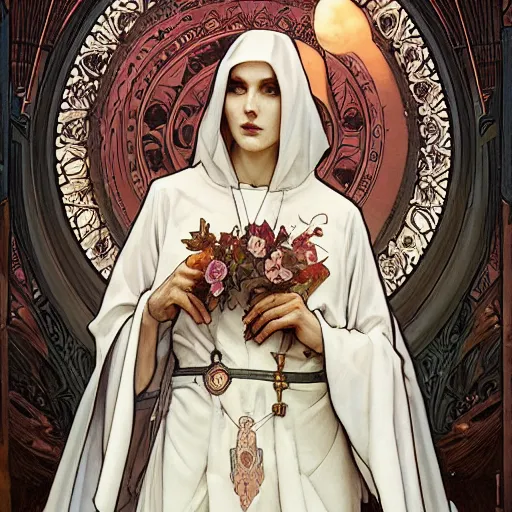 Image similar to art by artgerm and greg rutkowski and alphonse mucha and tom bagshaw, soft painting of a gothic nun blessing flowers in full dress, perfectly detailed, symmetrical intricate sensual features, highly detailed, artstation, sharp focus