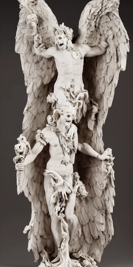 Prompt: a baroque delicate marble sculpture of handsome Lucifer with wings and wearing around his neck a wreath of souls while holding a flaming skull, dressed in hellfire, stands in the pose of a super hero on a brimstone stone, red silk flowing fabric, flying black demon cherubs, marble white columns, black plastic, black tar particles, Greek elements, human teeth. full-length view. baroque element. intricate artwork by caravaggio. many many bats flying in the background. Trending on artstation. halo. octane render, cinematic, hyper realism, octane render, 8k, depth of field, bokeh. iridescent accents. vibrant. sakura color scheme
