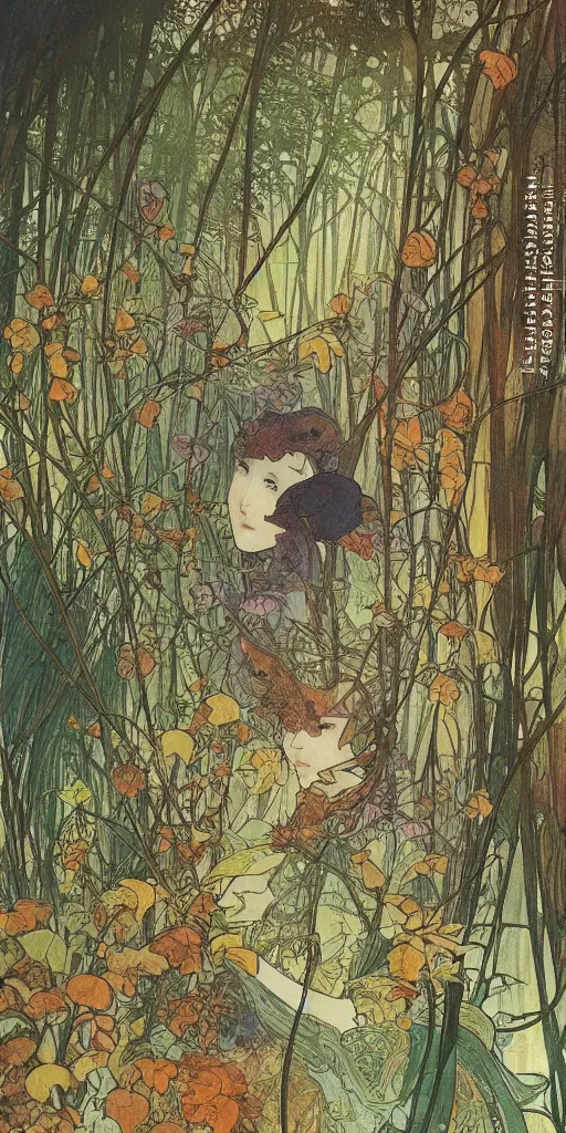 Image similar to a beautiful illustration of a forest in autumn, style of yoshitaka amano and alfons mucha