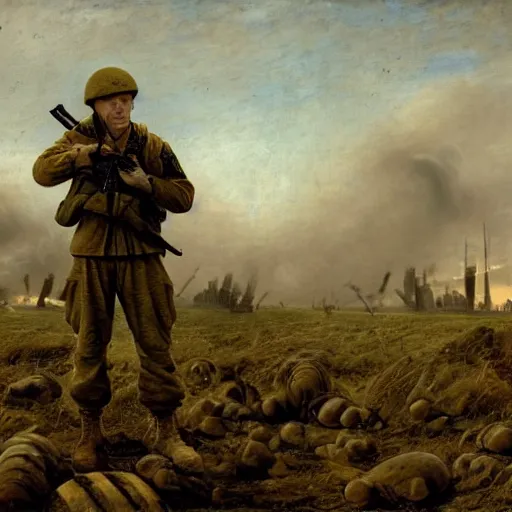 Image similar to scared shell-shocked soldier in uniform, war and explosions in the background, ptsd, world war, hell on earth, no mans land, artwork by Jan van Goyen! and Jacob van Ruisdael and Hendrik Kerstens, artstation, award winning, 4k