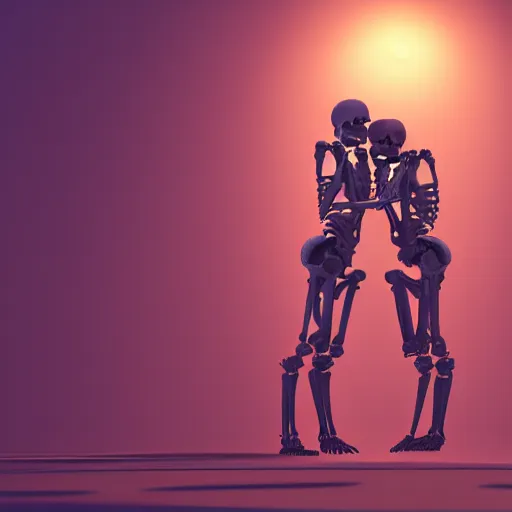 Image similar to A portrait of two skeletons locked hugging as their torso emerges from a portal by Beeple