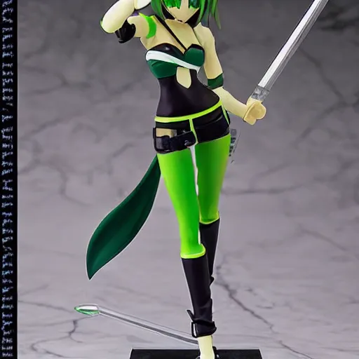 Prompt: Akali classic. Green and black outfit. league of legends akali as a Figma doll. Posable anime figurine. Kamas-wielding, green litham medical mask, green croptop. ponytail assassin girl. Ninja sickle. PVC figure 12in.