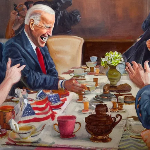 Image similar to a painting of joe biden laugh in tea party with taliban, ultra detailed content : face, gesture, body, mimic. random position content, frontal realistic, sharp focus, intricate, dynamic composition, 2 colors, delete duplicate contents.