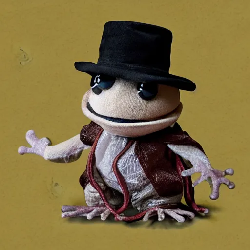 Image similar to photorealistic frog cleric as a chibi muppet plush made from transparent sheer fabric wearing a wolf skull on its head and carrying a tiny sketch book and pencil, photography, national geographic, sesame street