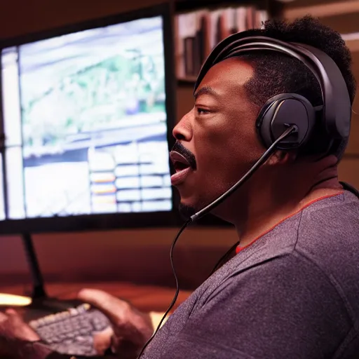 Prompt: my 600 lb Eddie Murphy wearing a headset yelling at his monitor while playing WoW highly detailed wide angle lens 10:9 aspect ration award winning photography by David Lynch esoteric erasure head