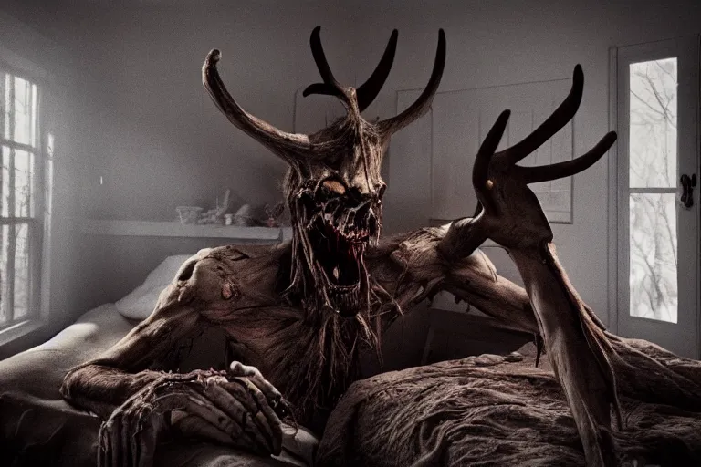 Image similar to photo of a wendigo in a bedroom, at night