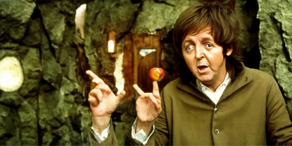 Image similar to A full color still of Paul McCartney dressed as a hobbit inside a dark house, examining his palm, directed by Stanley Kubrick, 35mm, 1970