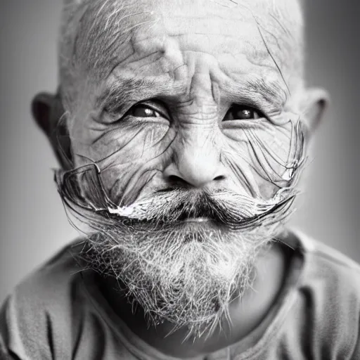 Image similar to a 4 year old boy with old wrinkly skin, wrinkly forehead, looking old, facial hair, natural beard, natural mustache, old skin, lots of wrinkles, age marks, old gray hair, very old, young kid, 4 years old, very young, portrait photo, head shot, concept art, highly detailed