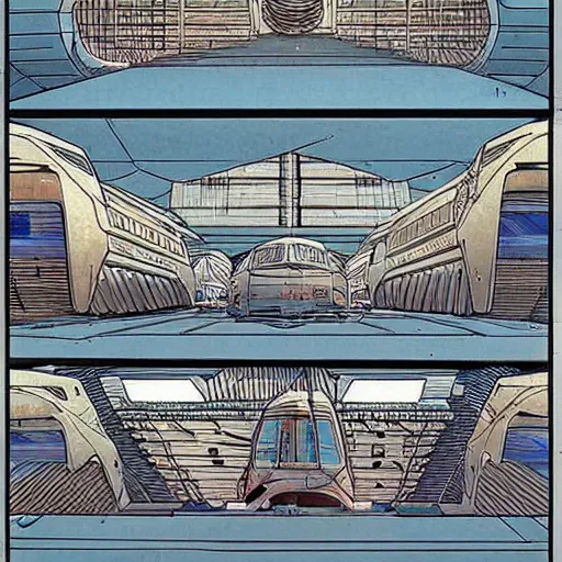 Image similar to a space station tunnel, brutalist architecture, by moebius