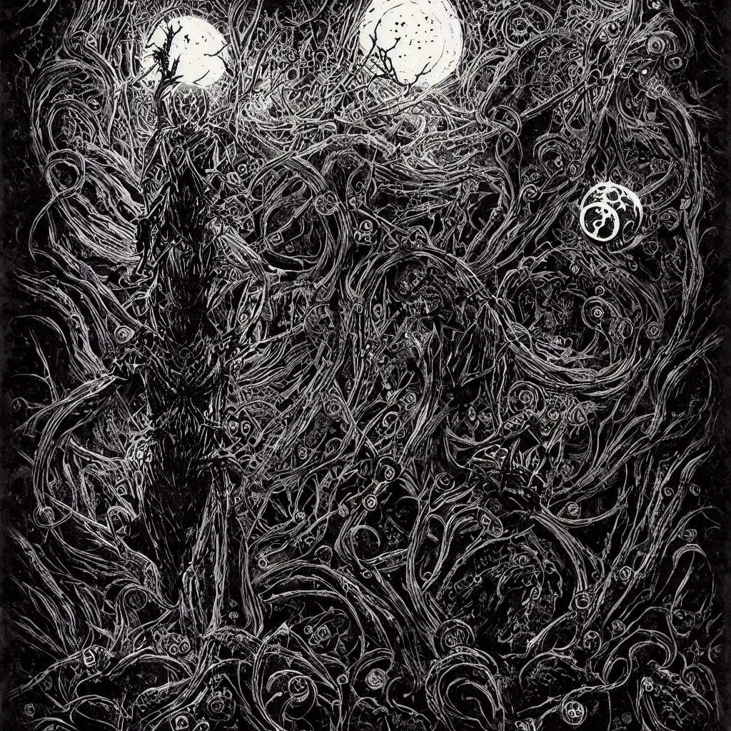 Prompt: black paper + tarot card + eldritch god, vintage detailed sci-fi illustration designed by Marc Simonetti and Mike Mignola + psychedelic black light style + intricate ink illustration + symmetry + bloodborne, dark and mysterious, atmospheric, ominous, eerie, cinematic, 4k, ultra detail, ultra realistic