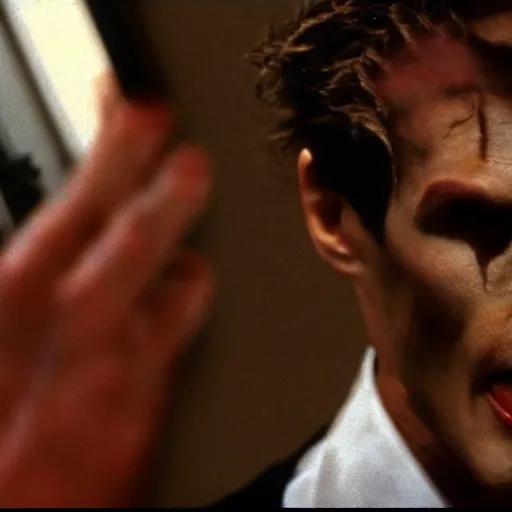 Image similar to Anthromorphic dragon man in the American Psycho (2000), doing the Bateman stare, cinematic still, 4K Bluray