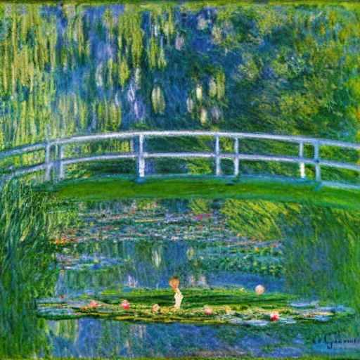 Image similar to a diver diving into a lake with lilypads by claude monet