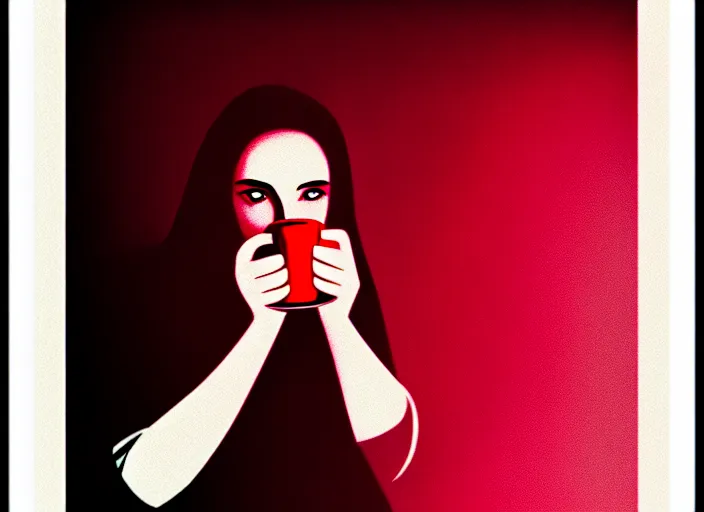 Prompt: portrait of a heroine drinking coffee, (((colorful))),vivid, Mads Berg, Karolis Strautniekas,small finely stippled light, dramatic lighting,film grain, editorial illustration, detailed, gradation, matte print, dynamic composition,moody, cinematic,extreme perspective