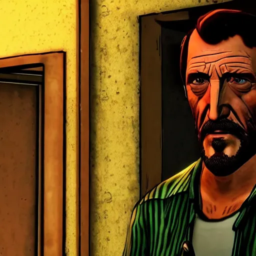 Image similar to Mike Ehrmantraut in the wolf among us, ultra realistic, highly detailed, 4K, 2 colored lighting. extremely interesting