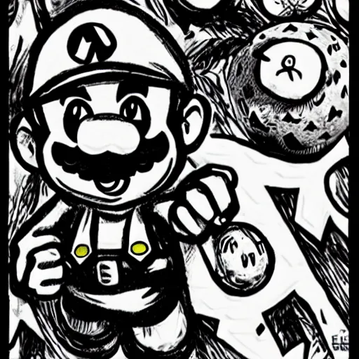 Image similar to Super Mario portrait in the style of Junji Ito. Manga. Black & White. Gothic. Horror. Exquisitely detailed. 4K.