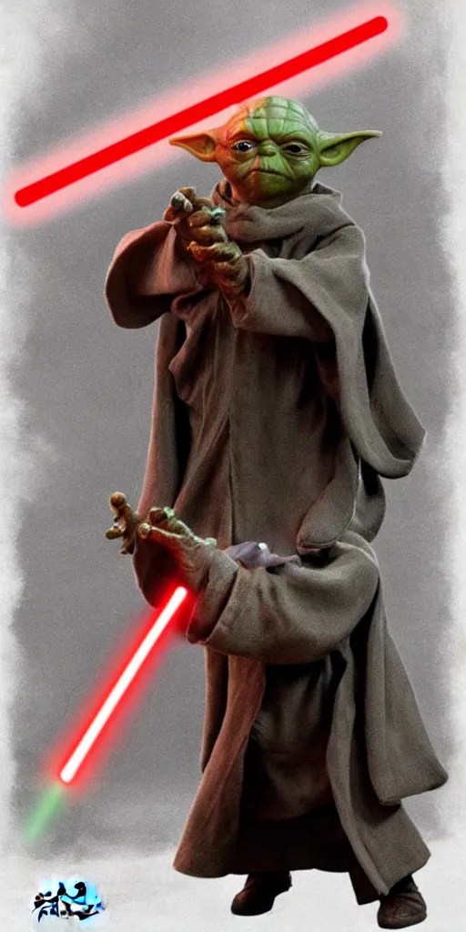 Image similar to yoda, as a sith lord, with a red lightsaber, using the dark force, realistic, ultra realistic