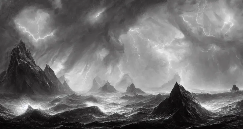 Prompt: black lovecraftian eldritch!! obsidian pyramid!! on a snowy island surrounded by raging stormy seas, with a large shadow of a creature in the background by eugene von guerard, ivan shishkin, night, red lightning!!, storm!, dramatic lighting, concept art, trending on artstation, 8 k