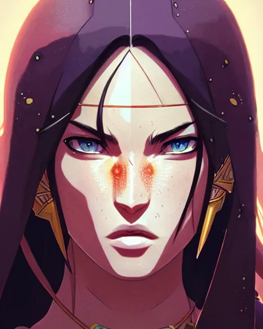 Prompt: azctec warrior, megan fox, gemstone forehead, detailed perfect face, exquisite details, fire magic, mid view, design on a white background, by studio muti, greg rutkowski makoto shinkai takashi takeuchi studio ghibli