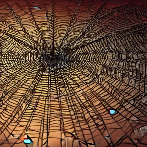 Image similar to hypnotic spider web crawling with many spiders. high details. volumetric lighting. high DOF. unreal engine. artstation trending. photorealistic