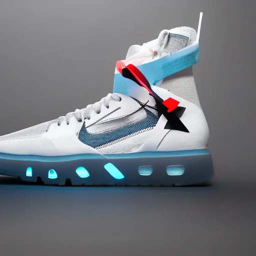 Image similar to a studio photoshoot of Nike Air Mag x Off-white sneakers designed by Virgil Abloh, leather and transparent knitted mesh material, glowing light outsole, realistic, color film photography by Tlyer Mitchell, 35 mm, Graflex