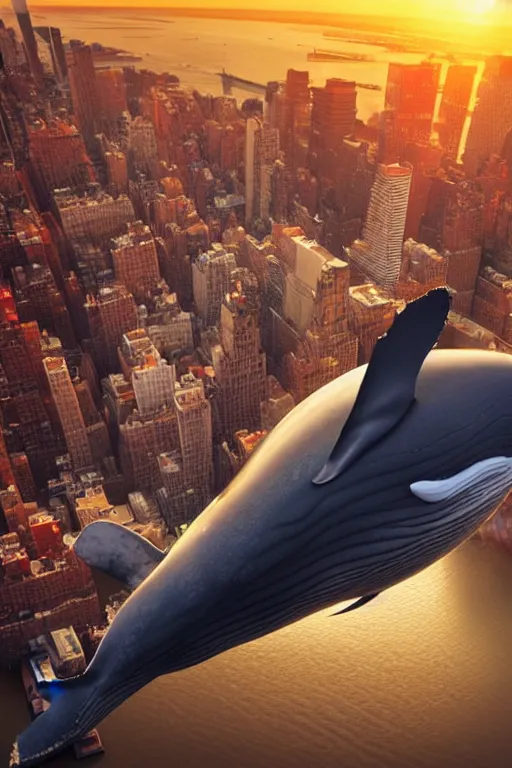 Image similar to a whale flying above new york city, superwide angle, redscale photography, dramatic lighting, photorealistic, cinematic lighting, high detail, cinematic feel, high octane, 4 k, unreal engine, digital render, intricate, ultra realistic, concept art