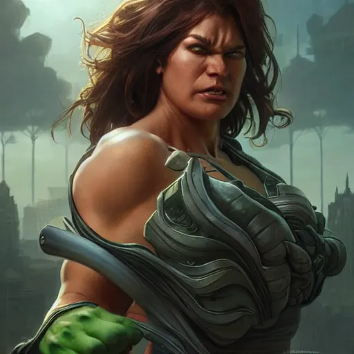 Image similar to real woman hulk, ultra realistic, concept art, intricate details, highly detailed, photorealistic, octane render, 8 k, unreal engine. art by artgerm and greg rutkowski and alphonse mucha