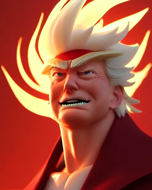 Image similar to donald trump as an azctec warrior, detailed perfect face, exquisite details, fire magic, mid view, design on a white background, by studio muti, greg rutkowski makoto shinkai takashi takeuchi studio ghibli