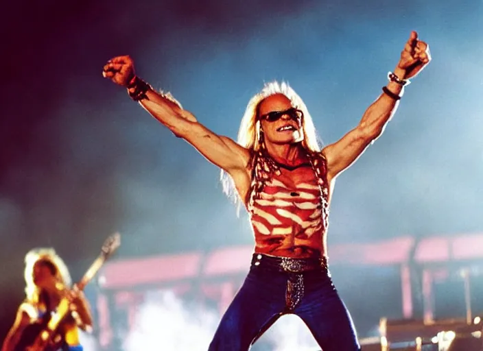 Prompt: photo still of david lee roth at the woodstock 9 9!!!!!!!! at age 3 6 years old 3 6 years of age!!!!!!!! on stage in spandex, 8 k, 8 5 mm f 1. 8, studio lighting, rim light, right side key light