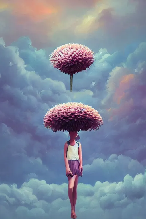 Prompt: closeup, giant daisy flower as head, a girl between monsteras, surreal photography, wind and cold, dramatic sky, impressionist painting, digital painting, artstation, simon stalenhag