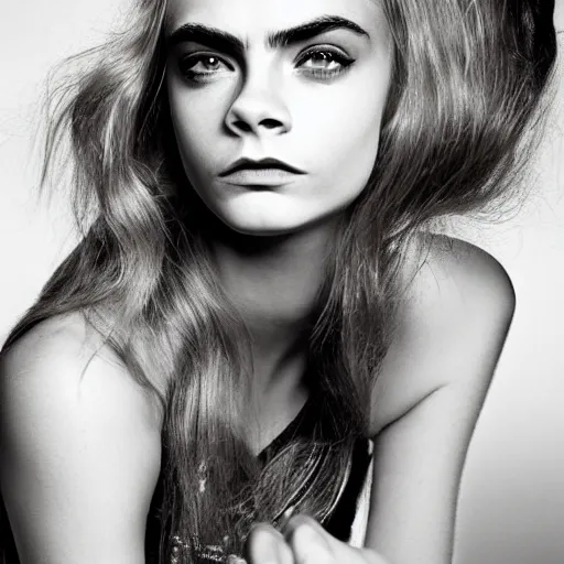 Image similar to photo of a gorgeous 20-year-old Cara Delevingne with 1960s hairstyle by Mario Testino, detailed, head shot, award winning, Sony a7R -