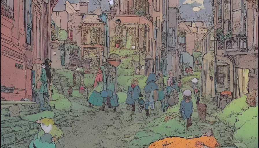 Image similar to ligne claire art of a sparse village intertwined with nature, street-level view, by Moebius, bright colors, Eisner award-winning spread