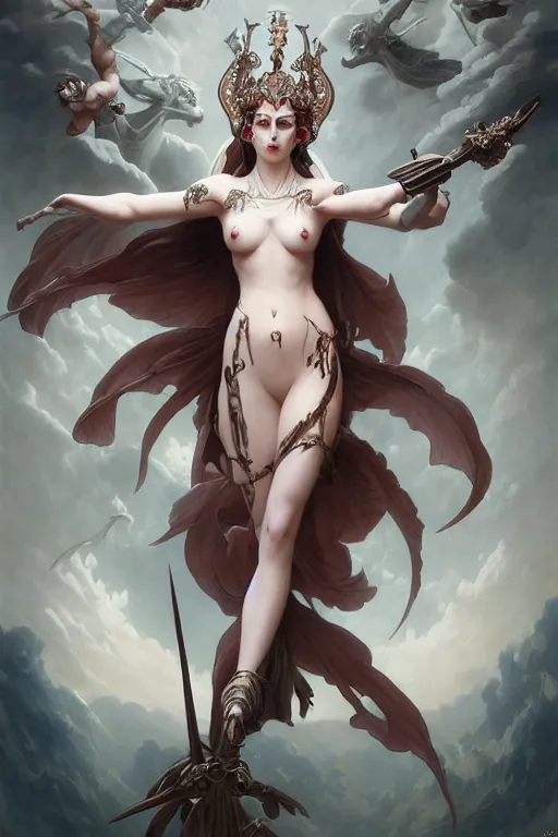 Image similar to beautiful pale anime Kali goddess of destruction multi arms with swords, dark fantasy, cinematic lighting, intricate, elegant, highly detailed, digital painting, artstation, smooth, sharp focus, illustration, art by artgerm and greg rutkowski and zdislav beksinski and alphonse mucha and Wayne Barlowe and william-adolphe bouguereau