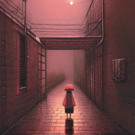 Prompt: strange alleyway, rainy night by Shaun Tan