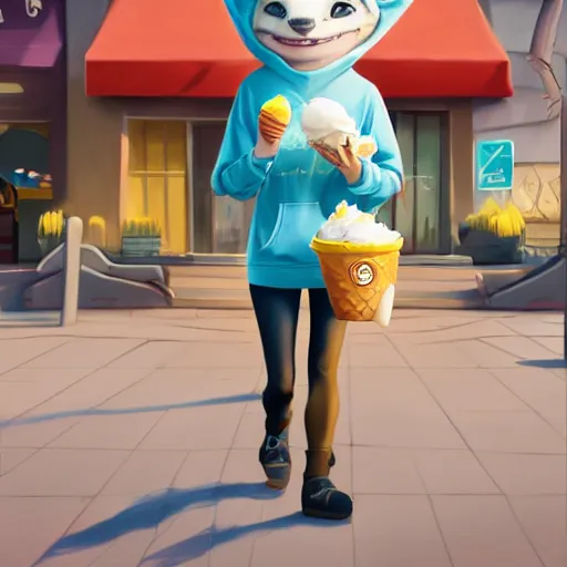 Image similar to furry art of female shark walking down the street holding an icecream cone, digital art, artstation, 4K, detailed, wearing yellow hoodie, zootopia, detailed face, anthromorphic,