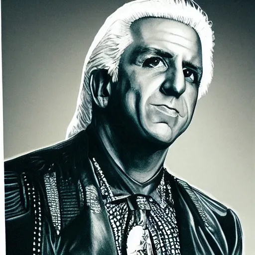 Prompt: Ric Flair, portrait, wooooo, background alligator scales, hyperrealistic, drawing