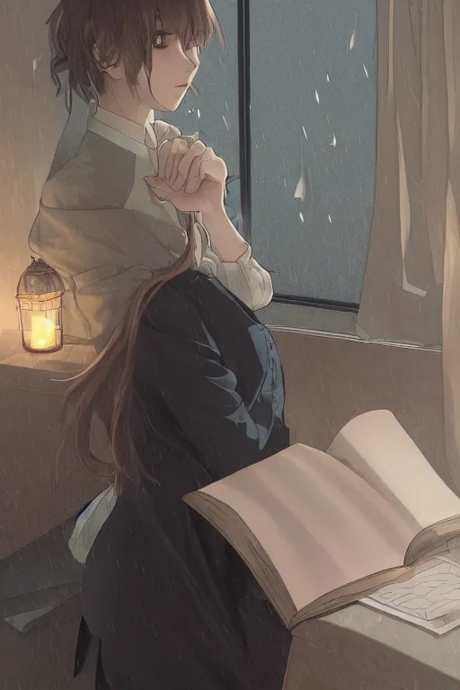 Image similar to a digital painting of a girl in a jk uniform outfit in the bedroom reading a book in a night, raining outside the window, dark and grey theme ， wavy white long hair, by krenz cushart and mucha and akihito yoshida and greg rutkowski and makoto shinkai, detailed eyes, 4 k resolution 、 trending on art station