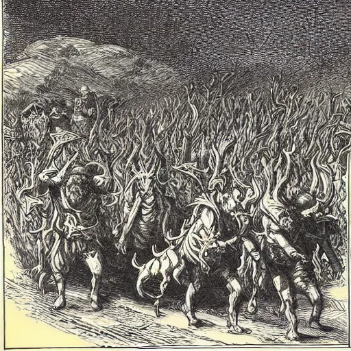 Image similar to woodblock print of the sons of cain wandering antediluvian fields with their beastly herds, genesis, by gustave dore