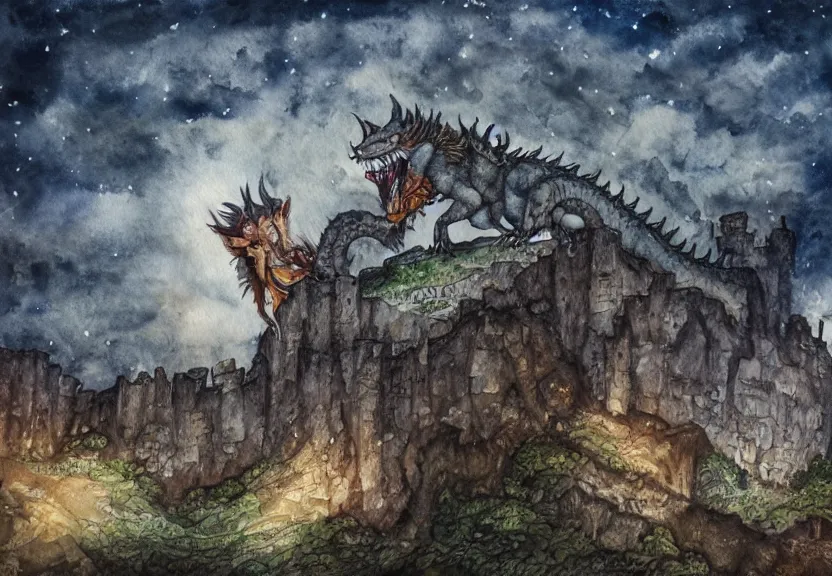 Image similar to possum dragon at a medieval castle under a dark starred sky, dark fantasy, watercolor, dreaming illusion, highly detailed, 4k, trending on Artstation, award-winning