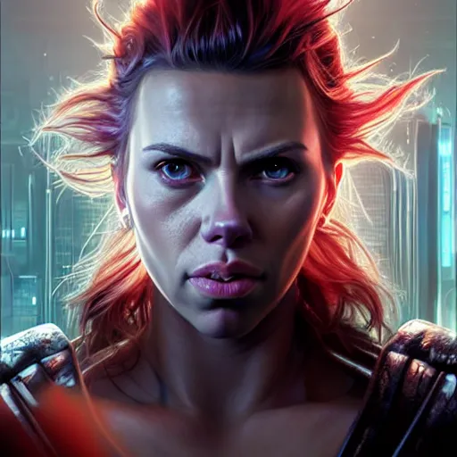 Image similar to portrait painting of a cyberpunk orc doctor extremely muscular ugly scarlett johansson with two big boar tusks, ultra realistic, concept art, intricate details, eerie, highly detailed, photorealistic, octane render, 8 k, unreal engine. art by artgerm and greg rutkowski and charlie bowater and magali villeneuve and alphonse mucha