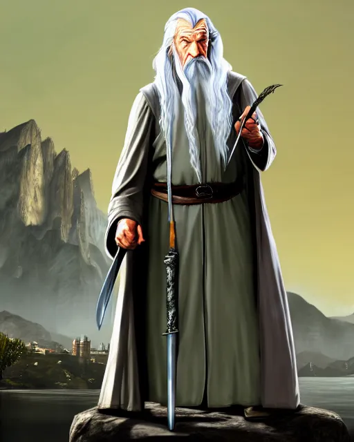 Image similar to Gandalf the gray from Lord of the rings in GTA V loading screen, GTA V Cover art by Stephen Bliss, boxart, loading screen,