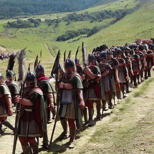 Prompt: the roman army marching up a mountain, photo taken from 1 mile away.