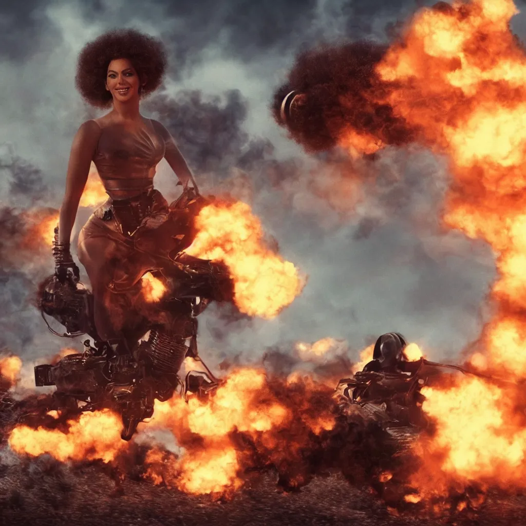 Image similar to beyonce with a afro hair style riding a hellfire missile, cinematic framing, cinematic lighting, hdr, gritty, movie still, 4k, 70s psychedelic style