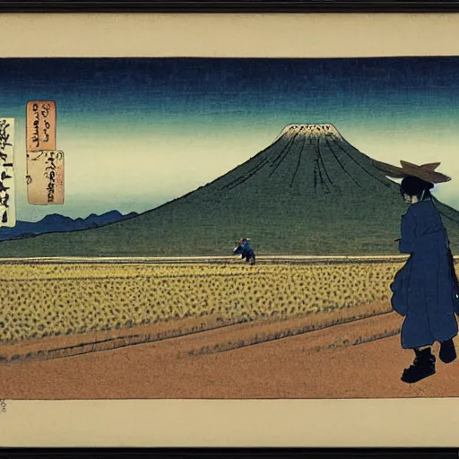 Prompt: A Japanese cowboy rising a classic motorbike on a dirt road through rice field, panoramic, ukiyo-e