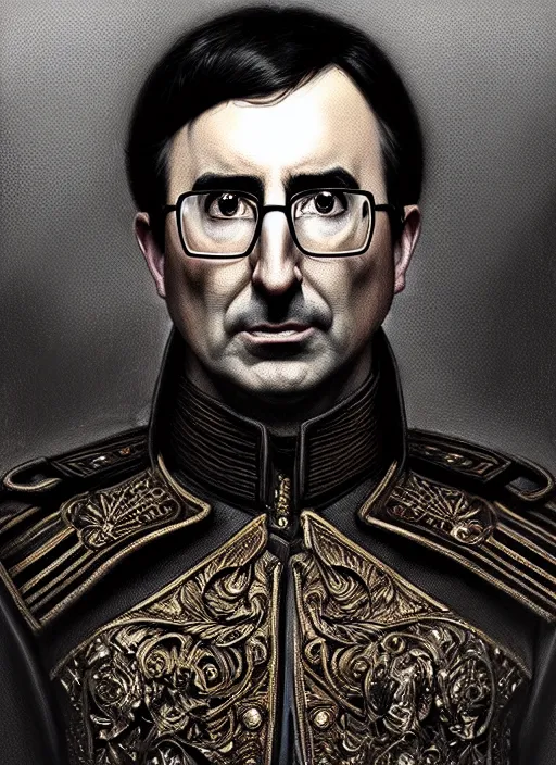 Image similar to portrait of stoic looking john oliver as in the vigo carpathian painting, military uniform, fantasy, intricate, elegant, beautiful, highly detailed, charcoal, centered, dark, smokey, digital painting, artstation, concept art, smooth, sharp focus, illustration, art by artgerm and greg rutkowski and alphonse mucha