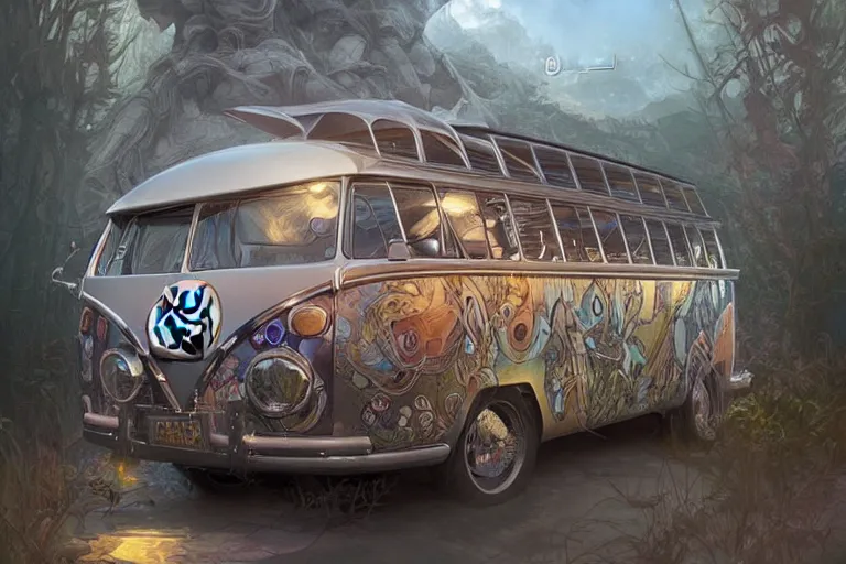 Image similar to VW surf bus, fantasy, elegant, intricate, highly detailed, digital painting, artstation, concept art, sharp focus, illustration, art by artgerm and greg rutkowski and alphonse mucha