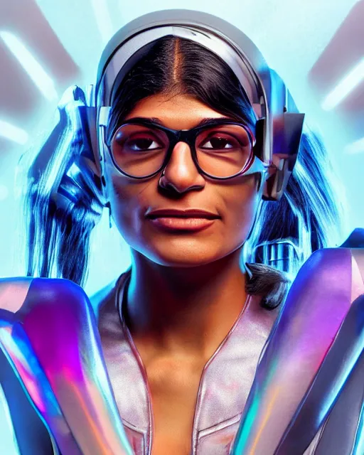 Prompt: Mia Khalifa as a cyborg, octane render, iridescent accents, kingdom come by Alex Ross